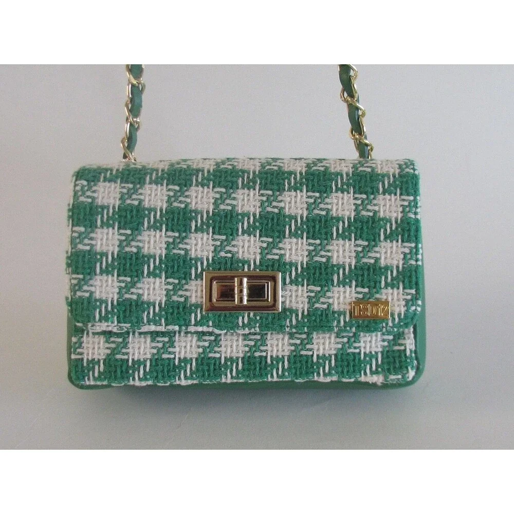 DESIGNER TSD12 GREEN /WHITE CHECK FABRIC PRINT CHAIN DETAIL SMALL CROSSBODY BAG